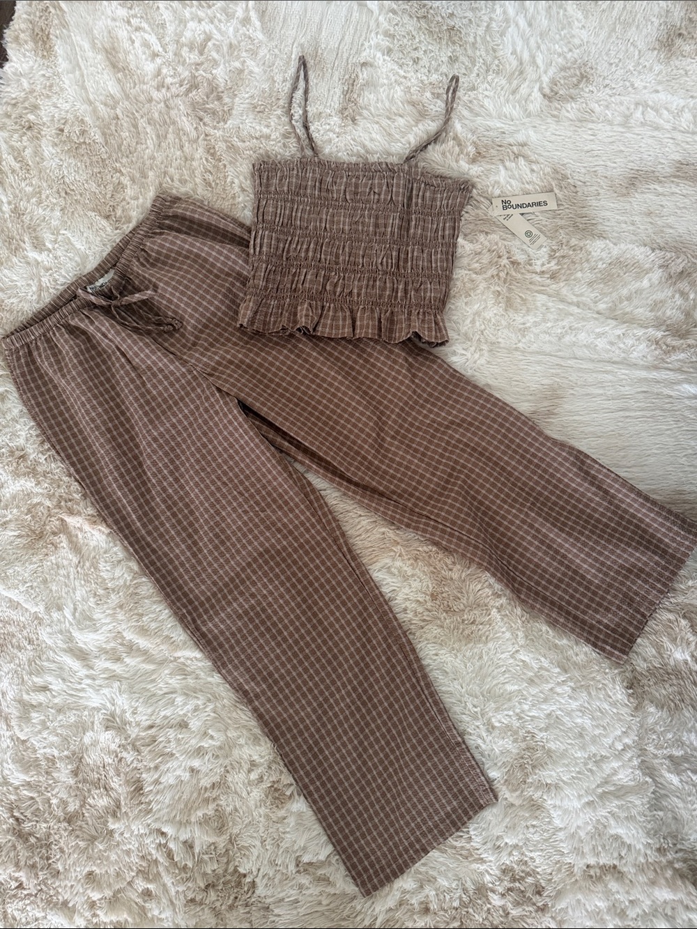 No Boundaries Brown Plaid Wide-Leg Pants Set